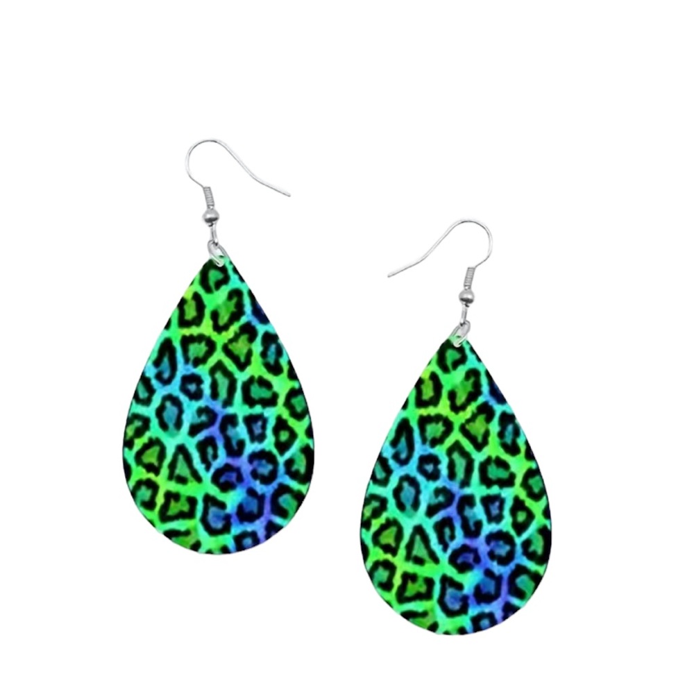 Blue and Green Leopard Print Wood Teardrop Earrings